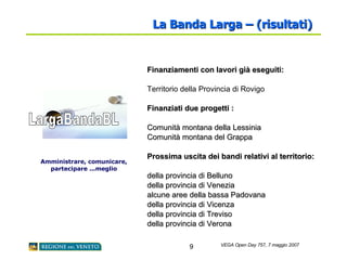 La Banda Larga – (risultati)   Amministrare, comunicare, partecipare ...meglio Finanziamenti con lavori già eseguiti: Territorio della Provincia di Rovigo Finanziati due progetti : Comunità montana della Lessinia  Comunità montana del Grappa  Prossima uscita dei bandi relativi al territorio: della provincia di Belluno della provincia di Venezia alcune aree della bassa Padovana della provincia di Vicenza della provincia di Treviso della provincia di Verona  LargaBandaBL  
