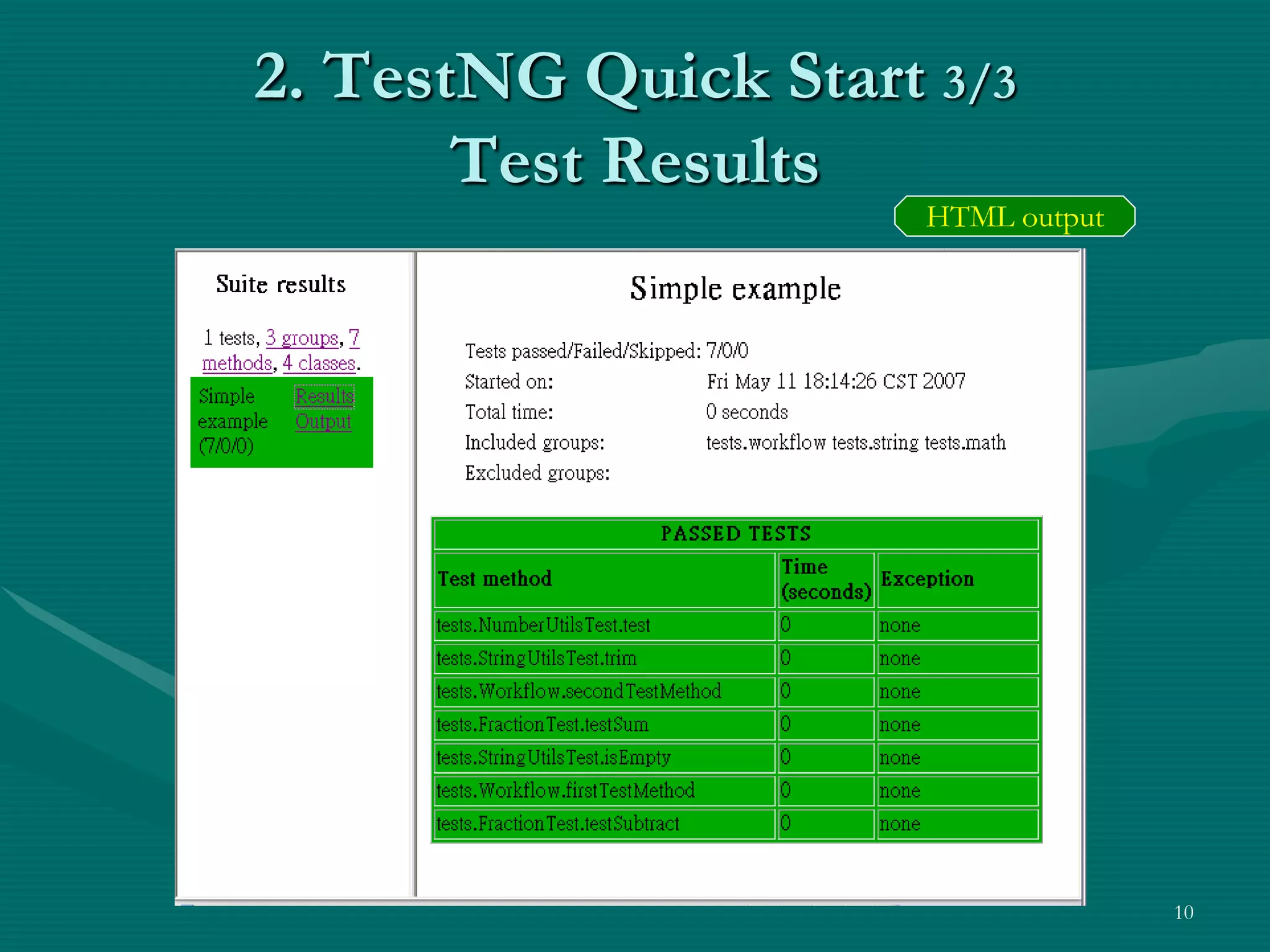 2. TestNG Quick Start 3/3 Test Results HTML output 10 