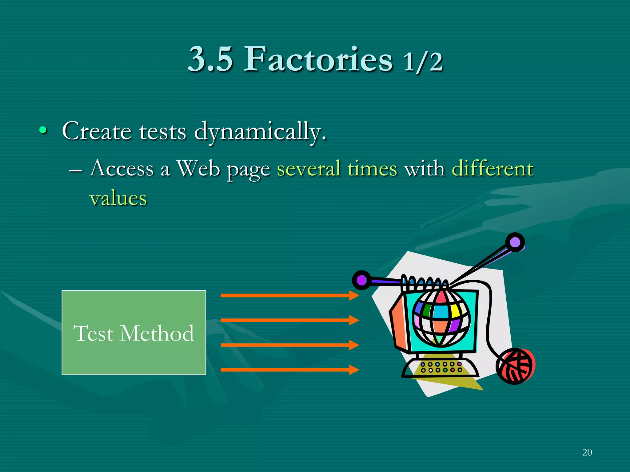 3.5 Factories 1/2 • Create tests dynamically. – Access a Web page several times with different values Test Method 20 