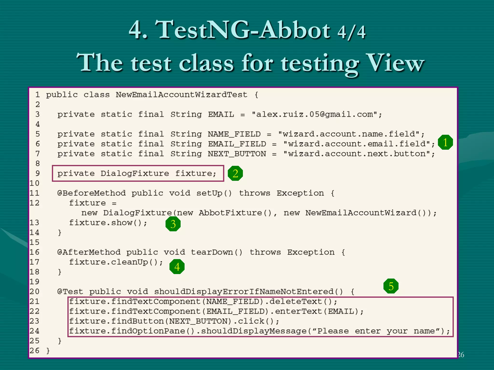 4. TestNG-Abbot 4/4 The test class for testing View 1 2 3 4 5 26 