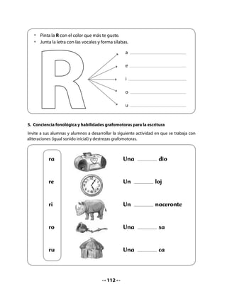 •	   Dibuja un objeto que comience con la sílaba indicada.




          ra              re              ri              ro              ru

  •	    Repasa.




CIERRE
Recuerde que el sentido pedagógico del cierre de la clase es favorecer la síntesis y la
metacognición de lo aprendido.
Le recomendamos hacerlo oralmente y completar en el pizarrón, para que luego los
estudiantes la copien en su Cuaderno de trabajo.

6. Bitácora de Aprendizaje


                                      Hoy
                                 aprendí la letra:




                                         113
 
