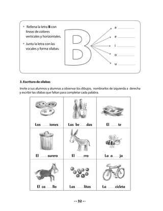 4. Lectura compartida


                 La bruja                                La bruja, la bruja
         M. Elena Walsh (Argentina)                      se quedó encerrada
                                                         en una burbuja
                                                         la bruja, la boba,
                                                         con escoba y todo,
                                                         con todo y escoba.
                                                         Está prisionera,
                                                         chillando y pateando
                                                         de mala manera.
                                                         Tiene un solo diente,
                                                         orejas de burro
                                                         y un rulo en la frente.


Realice la lectura compartida como lo hace habitualmente.

Comprensión:
Formule las siguientes preguntas para la construcción de significado:

    • 	 ¿Cómo se siente la bruja prisionera?
    • 	 ¿Cómo lo podría solucionar?
    • 	 ¿Qué habrías hecho tú en su lugar?

Conciencia fonológica:
Invítelos a desarrollar la siguiente actividad:

    •	 Ahora realizaremos la lectura compartida buscando todas las palabras que
       tengan la letra b.
    •	 Cada vez que aparezca una palabra que tenga esa letra, ustedes dirán ALTO
       y la subrayan.
    •	 Copien las palabras que encontraron.




                                                  33
 