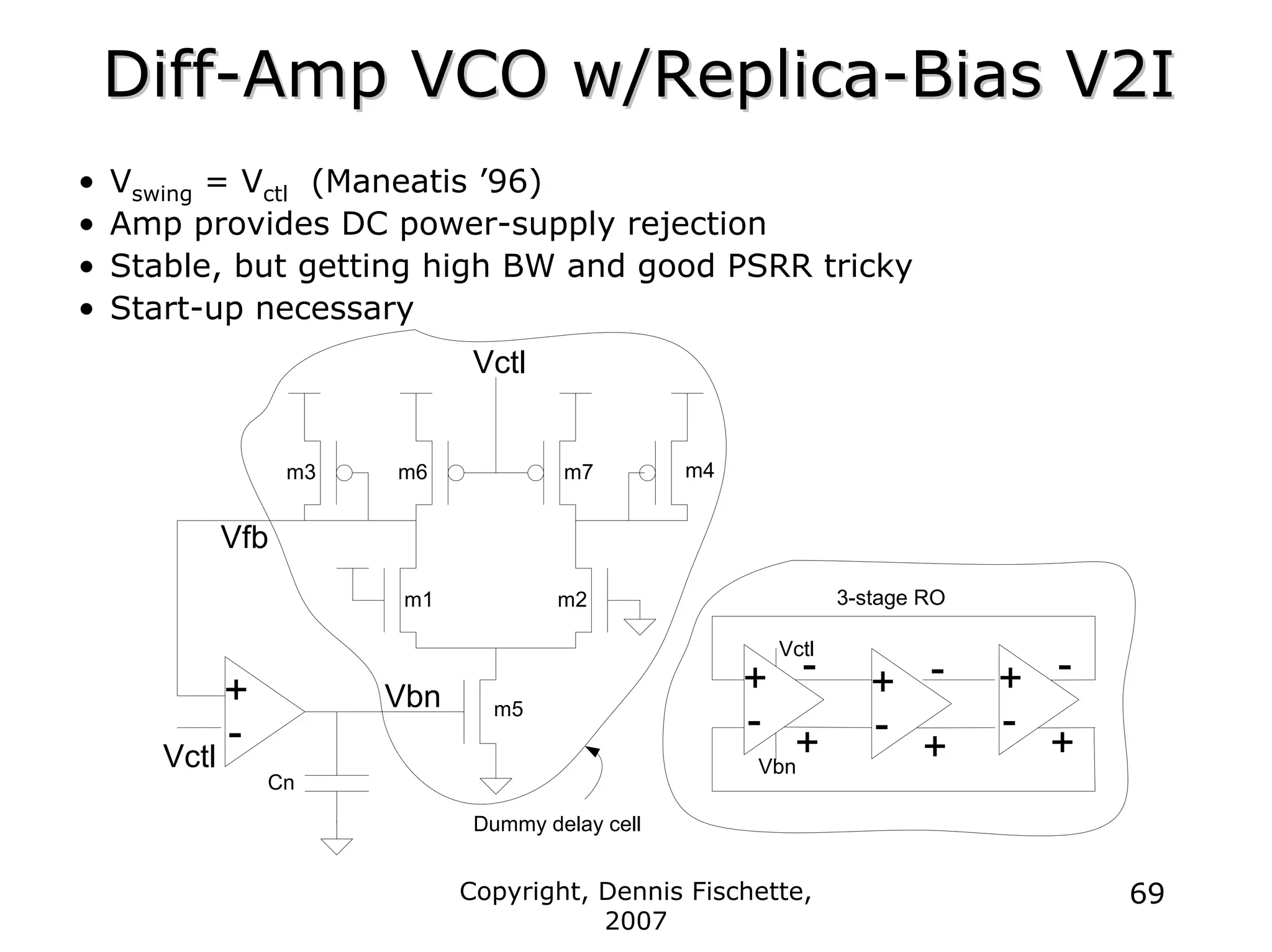 Copyright, Dennis Fischette,
2007
69
Diff
Diff-
-Amp VCO w/Replica
Amp VCO w/Replica-
-Bias V2I
Bias V2I
• Vswing = Vctl (Maneatis ’96)
• Amp provides DC power-supply rejection
• Stable, but getting high BW and good PSRR tricky
• Start-up necessary
+
-
Vfb
Vbn
m1 m2
m5
m3 m4
m6 m7
Vctl
Vctl
Dummy delay cell
+
-
+
-
3-stage RO
Vctl
Vbn
+
-
+
- +
-
+
-
Cn
 