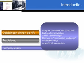 Introductie Opleidingen binnen de HR Portfolio nu Integraal onderdeel van curriculum Spil van leeractiviteiten Spil bij beoordelingen  Deel van je “persoonlijke landschap” Onderdeel van je  netwerkinstrumentarium Portfolio straks 