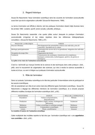 2. Regard historique

Sousa Do Nascimento "situe l’animation scientifique dans les courants de l’animation socioculturelle
aussi bien que de la vulgarisation culturelle" (Sousa Do Nascimento, 1999).


Le terme d’animation est difficile à décrire, tant les pratiques d’animation étaient déjà diverses dans
les années 1960 : scolaire, sportif, action sociale, culturelle, artistique…


Sousa Do Nascimento rassemble « les quatre pôles autour desquels la pratique d’animation
socioculturelle   s’organise     et   les   visées   repérées     dans     les   références     bibliographiques
consultées » (Sousa Do Nascimento, 1999, p.47):

     POLES DE LA PRATIQUE                                                 VISEES
Discours libertaire                      Développement des potentialités créatives des individus, prise de
                                         conscience, élucidation de la culture
Idéologie participationniste             Valorisation des savoirs de la vie quotidienne, intégration des individus
                                         à la société
Occupation du temps libre                Organisation des loisirs
Technicité                               Transmissions des techniques, transmission de compétences
                                         (pratiques commerciales, technologiques, sportive, de gestion et
                                         artistiques)
Les pôles et les visées de l’animation socioculturelle

C’est la « technicité qui marque l’entrée de la science et des techniques dans cette pratique » (ibid.,
p48): ainsi le mouvement de vulgarisation des sciences, qui vise à rendre la science accessible à
toutes et à tous, va venir s’intégrer aux pratiques d’animation socioculturelle.


                  3. Rôle de l’animateur

Dans ce contexte, l’animateur scientifique a le rôle très particulier d’intermédiaire entre le participant et
les savoirs scientifiques.
Afin de caractériser son rôle et son action dans les différents types d’animation scientifique, Sousa Do
Nascimento a dégagé les différentes intentions de l’animation scientifique, et a ensuite proposé
différents modèles d’analyse de l’animation scientifique (ibid., p.60) :

          INTENTIONS                                 ENJEUX                         ROLE DE L’ANIMATEUR
           Elucidation                     Valeurs (conscientisation,                      Militant
                                                 démystification)
           Production              Procédures (règles, normes, techniques de                 Technicien
                                                   fabrication)
           Médiation               Culture scientifique et technique partagée                 Médiateur
           Instruction                    Connaissances scientifiques                         Instructeur
             Loisirs                          Plaisir, sensibilisation                         Amuseur
Les modèles d’analyse de l’animation scientifique

Cette multiplicité des modèles repérés lui fait dire que l’animation scientifique est « une appellation
non contrôlée » (ibid., p.60) .




                                                                                                                 6
 