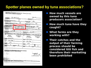 Spotter planes owned by tuna associations?
                     s   How much vessels are
                         owned by this tuna
                         producers association?
                     s   How much tuna have they
                         caught?
                     s   What farms are they
                         working with?
                     s   Their catches and the
                         output of their farming
                         process should be
                         considered IUU fish and
                         therefore their marketing
                         been prohibited
 