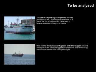 To be analysed


The use of EU ports by no registered vessels
In the picture the Libyan longliner Al Antisar. It is
not on the ICCAT register and it was seen in
several occasions in the port of Valetta.




New control measures over tugboats and other support vessels
In the picture the Slebech flagged to Sierra Leone, was observed by
the Rainbow Warrior while towing two cages
 