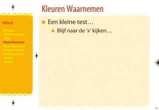 Kleuren Waarnemen
Inhoud                      Een kleine test…
• Introductie                  Blijf naar de ‘x’ kijken…
• Kleuren Benoemen &
  Meten
• Kleuren Waarnemen
• Kleuren Reproducren
• Kleuren en Kwaliteit
• Het Kleurgat Creatie –
  Productie
• Conclusie




                                                           20
                                                           20
 