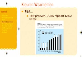 Kleuren Waarnemen
Inhoud                      Tijd…
• Introductie                  Test proeven, UGRA-rapport 124/2
• Kleuren Benoemen &
  Meten                        (juni 2002)
• Kleuren Waarnemen
• Kleuren Reproducren
• Kleuren en Kwaliteit
• Het Kleurgat Creatie –
  Productie
• Conclusie




                                                                  24
                                                                  24
 