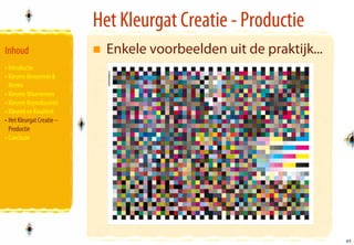 Het Kleurgat Creatie - Productie
Inhoud                       Enkele voorbeelden uit de praktijk...
• Introductie
• Kleuren Benoemen &
  Meten
• Kleuren Waarnemen
• Kleuren Reproduceren
• Kleuren en Kwaliteit
• Het Kleurgat Creatie –
  Productie
• Conclusie




                                                                     45
                                                                     45
 