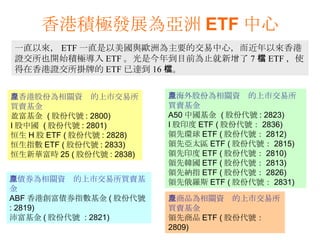 一直以來， ETF 一直是以美國與歐洲為主要的交易中心，而近年以來香港證交所也開始積極導入 ETF 。光是今年到目前為止就新增了 7 檔 ETF ，使得在香港證交所掛牌的 ETF 已達到 16 檔。 香港積極發展為亞洲 ETF 中心 以香港股份為相關資產的上市交易所買賣基金 盈富基金  ( 股份代號 : 2800)  I 股中國  ( 股份代號 : 2801)  恒生 H 股 ETF ( 股份代號 : 2828)  恒生指數 ETF ( 股份代號 : 2833)  恒生新華富時 25 ( 股份代號 : 2838)  以海外股份為相關資產的上市交易所買賣基金 A50 中國基金  ( 股份代號 : 2823)  I 股印度 ETF ( 股份代號： 2836)  領先環球 ETF ( 股份代號： 2812)  領先亞太區 ETF ( 股份代號： 2815)  領先印度 ETF ( 股份代號： 2810)  領先韓國 ETF ( 股份代號： 2813)  領先納指 ETF ( 股份代號： 2826) 領先俄羅斯 ETF ( 股份代號： 2831)  以商品為相關資產的上市交易所買賣基金   領先商品 ETF ( 股份代號： 2809)  以債券為相關資產的上市交易所買賣基金 ABF 香港創富債券指數基金 ( 股份代號 : 2819)  沛富基金 ( 股份代號  : 2821)  