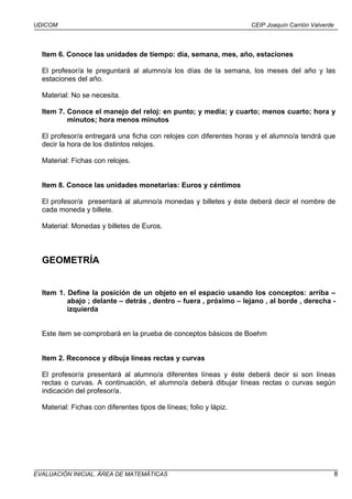 UDICOM                                                              CEIP Joaquín Carrión Valverde




  Item 6. Conoce las unidades de tiempo: día, semana, mes, año, estaciones

  El profesor/a le preguntará al alumno/a los días de la semana, los meses del año y las
  estaciones del año.

  Material: No se necesita.

  Item 7. Conoce el manejo del reloj: en punto; y media; y cuarto; menos cuarto; hora y
          minutos; hora menos minutos

  El profesor/a entregará una ficha con relojes con diferentes horas y el alumno/a tendrá que
  decir la hora de los distintos relojes.

  Material: Fichas con relojes.


  Item 8. Conoce las unidades monetarias: Euros y céntimos

  El profesor/a presentará al alumno/a monedas y billetes y éste deberá decir el nombre de
  cada moneda y billete.

  Material: Monedas y billetes de Euros.



  GEOMETRÍA


  Item 1. Define la posición de un objeto en el espacio usando los conceptos: arriba –
          abajo ; delante – detrás , dentro – fuera , próximo – lejano , al borde , derecha -
          izquierda


  Este item se comprobará en la prueba de conceptos básicos de Boehm


  Item 2. Reconoce y dibuja líneas rectas y curvas

  El profesor/a presentará al alumno/a diferentes líneas y éste deberá decir si son líneas
  rectas o curvas. A continuación, el alumno/a deberá dibujar líneas rectas o curvas según
  indicación del profesor/a.

  Material: Fichas con diferentes tipos de líneas; folio y lápiz.




EVALUACIÓN INICIAL. ÁREA DE MATEMÁTICAS                                                             8
 