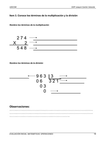 UDICOM                                                  CEIP Joaquín Carrión Valverde




Item 3. Conoce los términos de la multiplicación y la división


Nombra los términos de la multiplicación




     274                __________________
   X   2                __________________
     548                __________________


Nombra los términos de la división




________                   9 6 3 3 ___________
                           06    3 2 1 __________
                             03
                               0 ____________


Observaciones:
…………………………………………………………………………………
…………………………………………………………………………………
………………………………………………………….




EVALUACIÓN INICIAL. MATEMÁTICAS. OPERACIONES                                       18
 
