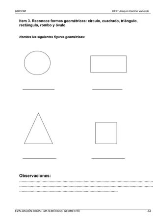 UDICOM                                                                           CEIP Joaquín Carrión Valverde


  Item 3. Reconoce formas geométricas: círculo, cuadrado, triángulo,
  rectángulo, rombo y óvalo


  Nombra las siguientes figuras geométricas:




     __________________                                         _________________




     ___________________                                       ___________________




  Observaciones:
  ..................................................................................................................
  ..................................................................................................................
  ....................................................................................



EVALUACIÓN INICIAL. MATEMÁTICAS. GEOMETRÍA                                                                     33
 
