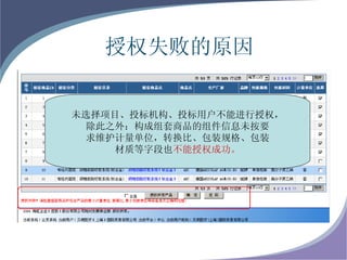 授权失败的原因 未选择项目、投标机构、投标用户不能进行授权， 除此之外：构成组套商品的组件信息未按要 求维护计量单位，转换比、包装规格、包装 材质等字段也 不能授权成功。 