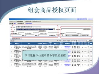 组套商品授权页面 项目选择下拉菜单及各字段检索框 