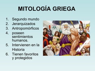MITOLOGÍA GRIEGA   Segundo mundo Jerarquizados Antropomórficos poseen sentimientos humanos. Intervienen en la Historia 6. Tienen favoritos y protegidos 