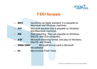 VDO formats
.MOV      Quicktime, an Apple standard. It is playable on
          Macintosh and Windows machines.
.AVI      Microsoft standard that is playable on Windows
          and Macintosh machines.
.RM       Real streaming. They are playable on Windows,
          MacOS, and Unix computers.
.ASF      Microsoft streaming format, and play on Windows,
          MacOS, and Solaris.
.WMA/.WMV         Microsoft format used in Microsoft
          MovieMaker
.flv      Macromedia Flash Video
 