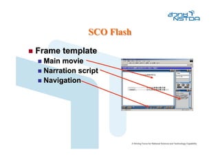 SCO Flash
Frame template
 Main movie
 Narration script
 Navigation
 