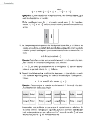 10
Presentación
			 a veces
a
b
= a veces 1
b
= 1
b + 1
b + ..... + 1
b = a • 1
b
	 Ejemplo: Si se parte un chocolate en 3 partes iguales y me como dos de ellas, ¿qué
parte del chocolate me he comido?
	 Me he comido dos trozos de 1
3 chocolate, o sea 2 veces 1
3 del chocolate,
esto es 1
3 + 1
3 o sea 2
3 del chocolate, fracción que nombramos como dos
tercios.
	
	 En un reparto equitativo y exhaustivo de objetos fraccionables, si la cantidad de
objetos a repartir no es múltiplo de la cantidad de participantes en el reparto, la
cantidad que recibe cada participante se expresa mediante un número fraccio-
nario.
a : b da como resultado a
b
	 Ejemplo: Cuatrohermanosserepartenequitativamentecincobarrasdechocolate.
¿Qué cantidad de chocolate le corresponde a cada hermano?
	 5 : 4 = 5
4 , de forma que a cada hermano le corresponde 5
4 de barra de cho-
colate, o, lo que es lo mismo, 1 + 1
4
de barra.
	 Repartir equitativamente a objetos entre b personas es equivalente a repartir
cada objeto en b partes iguales y dar un trozo de cada objeto a cada persona.
Esto es,
a : b = a veces ( 1: b ) = a veces 1
b
= a
b
	 Ejemplo: Cuatro amigos se reparten equitativamente 3 barras de chocolate.
¿Cuánto chocolate recibe cada amigo?
	 Para resolver este problema, se puede repartir equitativamente cada barra de
chocolate entre los 4 amigos (por separado). Sumando los trozos recibidos por
cada amigo, podemos ver que cada uno recibe 3 trozos de tamaño 1
4 de barra
de chocolate, esto es 3
4
de barra de chocolate.
1
3
1
3
Amigo 1 Amigo 2
Amigo 3 Amigo 4
Amigo 1 Amigo 2
Amigo 3 Amigo 4
Amigo 1 Amigo 2
Amigo 3 Amigo 4
Amigo 1 Amigo 2
Amigo 3 Amigo 4
 