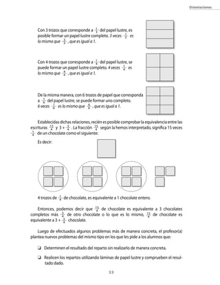 33
Orientaciones
Con 3 trozos que corresponde a 1
3 del papel lustre, es
posible formar un papel lustre completo. 3 veces 1
3 es
lo mismo que 3
3 , que es igual a 1.
Con 4 trozos que corresponde a 1
4 del papel lustre, se
puede formar un papel lustre completo. 4 veces 1
4 es
lo mismo que 4
4 , que es igual a 1.
				
De la misma manera, con 6 trozos de papel que corresponda
a 1
6 del papel lustre, se puede formar uno completo.
6 veces 1
6 es lo mismo que 6
6 , que es igual a 1.
Establecidas dichas relaciones, recién es posible comprobar la equivalencia entre las
escrituras 15
4 y 3 + 3
4 . La fracción 15
4 según la hemos interpretado, significa 15 veces
1
4 de un chocolate como el siguiente:
Es decir:
4 trozos de 1
4 de chocolate, es equivalente a 1 chocolate entero.
Entonces, podemos decir que 15
4 de chocolate es equivalente a 3 chocolates
completos más 3
4 de otro chocolate o lo que es lo mismo, 15
4
de chocolate es
equivalente a 3 +  3
4
chocolate.
Luego de efectuados algunos problemas más de manera concreta, el profesor(a)
plantea nuevos problemas del mismo tipo en los que les pide a los alumnos que:
	 Determinen el resultado del reparto sin realizarlo de manera concreta.
	 Realicen los repartos utilizando láminas de papel lustre y comprueben el resul-
tado dado.
 