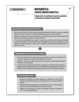 •	 Resuelven problemas de reparto equitativo, utilizando la división para
anticipar el resultado del reparto y registrando el resto, cuando es distinto
de cero.
•	 Utilizan fracciones para expresar el tamaño de una o varias partes iguales,
respecto al tamaño del objeto que ha sido fraccionado.
•	 Realizan fraccionamientos concretos de papeles con forma rectangular,
en 2, 3, 4, 6 y 8 partes iguales.
Aprendizajes previos
•	 Reconocen las fracciones como números que permiten cuantificar el resultado de
un reparto equitativo y exhaustivo de objetos fraccionables.
•	 Establecen relaciones de orden entre fracciones unitarias y entre fracciones de igual
numerador o denominador.
•	 En la resolución de problemas que ponen en juego los contenidos de la unidad, pro-
fundizan aspectos relacionados con los procedimientos empleados para resolver el
problema y la formulación de otras preguntas a partir de los resultados obtenidos.
Aprendizajes esperados para la Unidad
•	 Reconocen las fracciones como números que permiten obtener información que no es posible
lograr a través de los números naturales (Aprendizaje esperado 3, primer semestre).
•	 Establecen relaciones de orden entre fracciones e identifican familias de fracciones que tienen
igual valor (Aprendizaje esperado 2, segundo semestre).
•	 En la resolución de problemas que ponen en juego los contenidos de la unidad, profundizan
aspectos relacionados con los procedimientos empleados para resolver el problema y la for-
mulación de otras preguntas a partir de los resultados obtenidos (Aprendizaje esperado 10,
segundo semestre).
Aprendizajes esperados del Programa
CUARTo básico
CUARTaUnidaddidáctica
Comparandoelresultadoderepartosequitativos
yexhaustivosdeobjetosfraccionables
Matemática
 