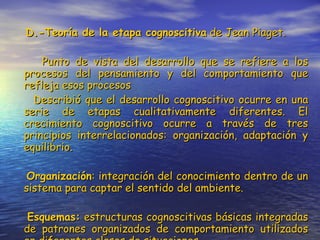 D.-Teoría de la etapa cognoscitiva  de Jean Piaget.  Punto de vista del desarrollo que se refiere a los procesos del pensamiento y del comportamiento que refleja esos procesos Describió que el desarrollo cognoscitivo ocurre en una serie de etapas cualitativamente diferentes. El crecimiento cognoscitivo ocurre a través de tres principios interrelacionados: organización, adaptación y equilibrio. Organización : integración del conocimiento dentro de un sistema para captar el sentido del ambiente. Esquemas:  estructuras cognoscitivas básicas integradas de patrones organizados de comportamiento utilizados en diferentes clases de situaciones. 