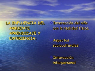 LA INFLUENCIA DEL AMBIENTE APRENDIZAJE Y EXPERIENCIA: Interacción del niño con la realidad física. Aspectos socioculturales Interacción interpersonal 