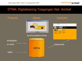 DTNA: Digitalisering Toegangen Nat. Archief Productie  Beheer Publicatie synchronisatiemodule stylesheets editor strategieën en tools 