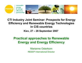 CTI Industry Joint Seminar: Prospects for Energy
 Efficiency and Renewable Energy Technologies
                 in CIS countries
           Kiev, 27 – 28 September 2007


    Practical approaches to Renewable
      Energy and Energy Efficiency
                Marianne Osterkorn
              REEEP International Director
 