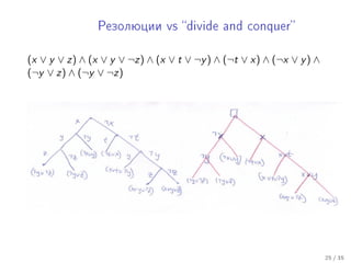 Ðåçîëþöèè vs divide and conquer


(x ∨ y ∨ z) ∧ (x ∨ y ∨ ¬z) ∧ (x ∨ t ∨ ¬y ) ∧ (¬t ∨ x) ∧ (¬x ∨ y ) ∧
(¬y ∨ z) ∧ (¬y ∨ ¬z)




                                                                      25 / 35
 