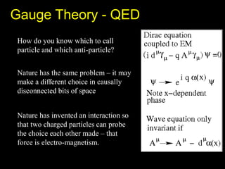 Gauge Theory - QED
How do you know which to call
particle and which anti-particle?
Nature has the same problem – it may
make a different choice in causally
disconnected bits of space
Nature has invented an interaction so
that two charged particles can probe
the choice each other made – that
force is electro-magnetism.
 