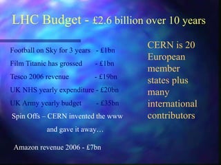 LHC Budget - £2.6 billion over 10 years
Football on Sky for 3 years - £1bn
Film Titanic has grossed - £1bn
Tesco 2006 revenue - £19bn
UK NHS yearly expenditure - £20bn
UK Army yearly budget - £35bn
CERN is 20
European
member
states plus
many
international
contributors
Spin Offs – CERN invented the www
and gave it away…
Amazon revenue 2006 - £7bn
 