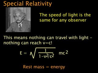 Special Relativity
The speed of light is the
same for any observer
This means nothing can travel with light –
nothing can reach v=c!
E = mc2
1
1-v /c
2 2
Rest mass = energy
 