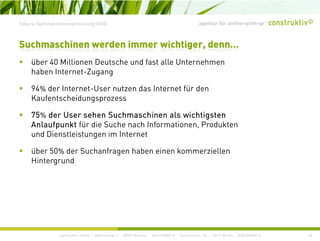 agentur für online+print+prExkurs: Suchmaschinenoptimierung (SEO)
üb 40 Milli D t h d f t ll U t h
Suchmaschinen werden immer wichtiger, denn…
über 40 Millionen Deutsche und fast alle Unternehmen
haben Internet-Zugang
94% der Internet-User nutzen das Internet für den94% der Internet User nutzen das Internet für den
Kaufentscheidungsprozess
75% der User sehen Suchmaschinen als wichtigsten
Anlaufpunkt für die Suche nach Informationen, Produkten
und Dienstleistungen im Internet
über 50% der Suchanfragen haben einen kommerziellenüber 50% der Suchanfragen haben einen kommerziellen
Hintergrund
construktiv GmbH · Haferwende 1 · 28357 Bremen · 0421/27867-0 · Tucholskystr. 45 · 10117 Berlin · 030/200569-0 18
 