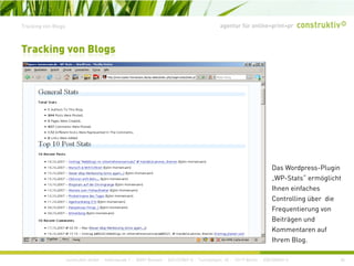 agentur für online+print+prTracking von Blogs
Tracking von Blogs
D W d Pl iDas Wordpress-Plugin
„WP-Stats“ ermöglicht
Ihnen einfaches
Controlling über dieControlling über die
Frequentierung von
Beiträgen und
Kommentaren auf
construktiv GmbH · Haferwende 1 · 28357 Bremen · 0421/27867-0 · Tucholskystr. 45 · 10117 Berlin · 030/200569-0 36
Ihrem Blog.
 