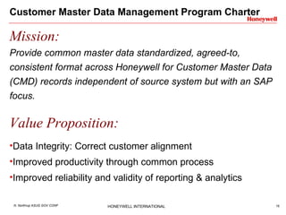Customer Master Data Management Program Charter Mission: Provide common master data standardized, agreed-to, consistent format across Honeywell for Customer Master Data (CMD) records independent of source system but with an SAP focus. Value Proposition: Data Integrity: Correct customer alignment Improved productivity through common process Improved reliability and validity of reporting & analytics 