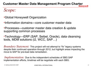 Customer Master Data Management Program Charter Scope: Global Honeywell Organization Information domains—core customer master data Processes—customer master data creation & update supporting common processes Technology—ERP (SAP, Seibel, Oracle), data cleansing tools, MDM solutions (i2, WCC, SAP…) Boundary Statement:  This project will not attempt to “fix” legacy systems despite their continued operation through 2012, but highlight areas impacting the move to SAP for pre-load data remediation.  Implementation:  Due to the independent schedules of SBG SAP implementation efforts, timelines will be negotiate with each SBG.  