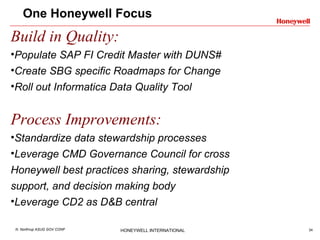 One Honeywell Focus Build in Quality: Populate SAP FI Credit Master with DUNS# Create SBG specific Roadmaps for Change Roll out Informatica Data Quality Tool Process Improvements: Standardize data stewardship processes Leverage CMD Governance Council for cross Honeywell best practices sharing, stewardship support, and decision making body Leverage CD2 as D&B central 