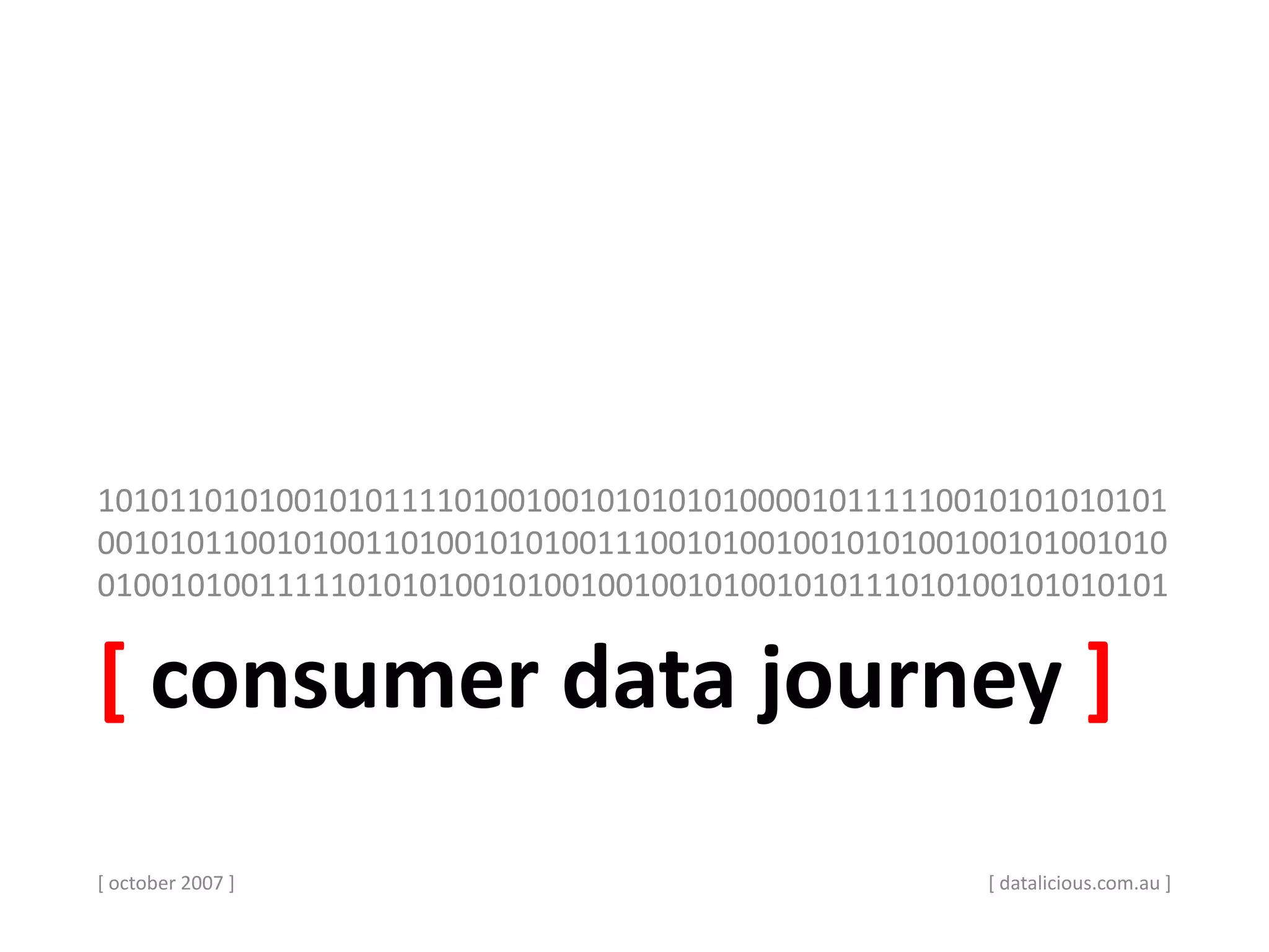 [ consumer data journey ]
101011010100101011110100100101010101000010111110010101010101
001010110010100110100101010011100101001001010100100101001010
010010100111110101010010100100100101001010111010100101010101
[ october 2007 ] [ datalicious.com.au ]
 