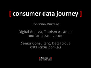 [ consumer data journey ]
Christian Bartens
Digital Analyst, Tourism Australia
tourism.australia.com
Senior Consultant, Datalicious
datalicious.com.au
[ datalicious ]
data : insights : action
 
