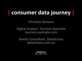[	
  consumer	
  data	
  journey	
  ]	
  
                 Chris&an	
  Bartens	
  
                            	
  
     Digital	
  Analyst,	
  Tourism	
  Australia	
  
           tourism.australia.com	
  
                            	
  
      Senior	
  Consultant,	
  Datalicious	
  
                datalicious.com.au	
  

                      [	
  datalicious	
  ]	
  
                      data	
  :	
  insights	
  :	
  ac6on	
  
 