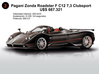 Pagani Zonda Roadster F C12 7,3 Clubsport Aceleración: 0-100: 3,6 segundos Velocidad máxima: 345 km/h 2 U$S 667.321 Potencia: 650 CV 