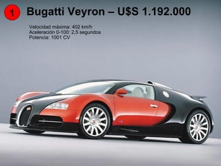 1 Bugatti Veyron – U$S 1.192.000 Velocidad máxima: 402 km/h Aceleración 0-100: 2,5 segundos Potencia: 1001 CV 