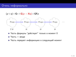 (p ∨ q) ∧ Gr ∧ G(p → Xq) ∧ GFp


   Props         Props       Props   Props    ···



   I U            U              U    U

                                         0


                         




                                                    » ¿¿
 