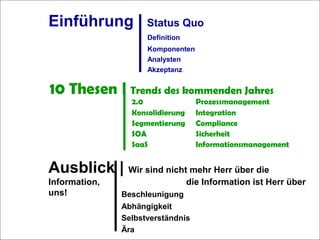 Computerwoche
ECM 2007
Dr. Ulrich Kampffmeyer
PROJECT CONSULT
Unternehmensberatung
Dr. Ulrich Kampffmeyer GmbH
Breitenfelder Straße 17
20251 Hamburg
www.project-consult.com
© PROJECT CONSULT 2007
2
Einführung | Status Quo
Definition
Komponenten
Analysten
Akzeptanz
10 Thesen | Trends des kommenden Jahres
2.0 Prozessmanagement
Konsolidierung Integration
Segmentierung Compliance
SOA Sicherheit
SaaS Informationsmanagement
Ausblick | Wir sind nicht mehr Herr über die
Information, die Information ist Herr über
uns! Beschleunigung
Abhängigkeit
Selbstverständnis
Ära
 