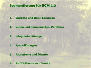 Segmentierung für ECM 2.0
1. Einfache und Basis-Lösungen
2. Suiten und Komponenten-Portfolios
3. Integrierte Lösungen
4. Speziallösungen
5. Subsysteme und Dienste
6. SaaS Software as a Service
 