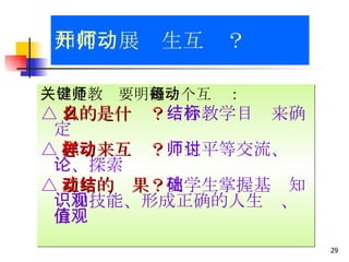 关键是教师要明确 每一个互动： △ 目的是什么？ 结合教学目标来确定 △ 怎样来互动？ 师生平等交流、讨论、探索  △ 互动的结果？ 使学生掌握基础知识和技能、形成正确的人生观、价值观 如何开展师生互动？ 