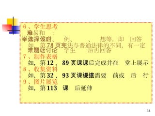 ６、学生思考 分易和难： 　如，体会、举例、选择、设想等，即时回答 　如，第 78 页宪法与普通法律的不同，有一定难度的题，让学生讨论后再回答 ７、制作表格 　 如，第 12 、 89 页　课后完成并在课堂上展示 ８、收集资料 　如，第 32 、 93 页　根据需要课前或课后进行 ９、图片展览 　 　如，第 113  　课后延伸 