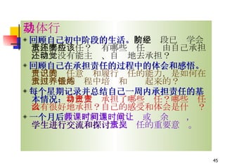 具体行动 ◈ 回顾自己初中阶段的生活。 初中阶段已经学会承担哪些责任？还有哪些责任应该由自己承担，但还没有能主动、自觉地去承担？ ◈ 回顾自己在承担责任的过程中的体会和感悟。 自己的责任意识和履行责任的能力，是如何在承担责任的过程中培养和锻炼起来的？ ◈ 每个星期记录并总结自己一周内承担责任的基本情况： 自己主动承担了哪些责任？哪些责任没有很好地承担？自己的感受和体会是什么？ ◈ 一个月 后 教师可利用课堂时间或课余时间，让 学生进行交流和探讨 承担责任的重要意义。 